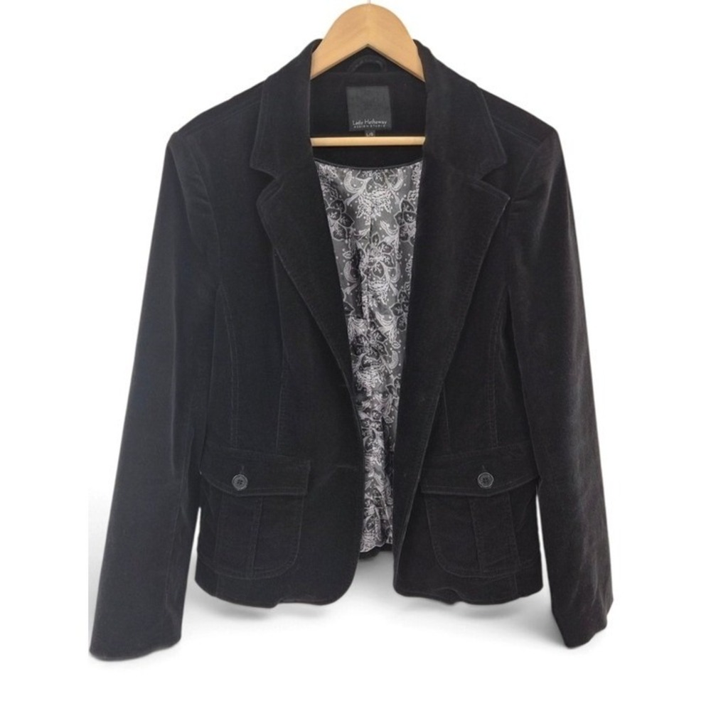 Lady Hathaway Corduroy Blazer Women Size Large Black Paisley Lined Flap Pockets